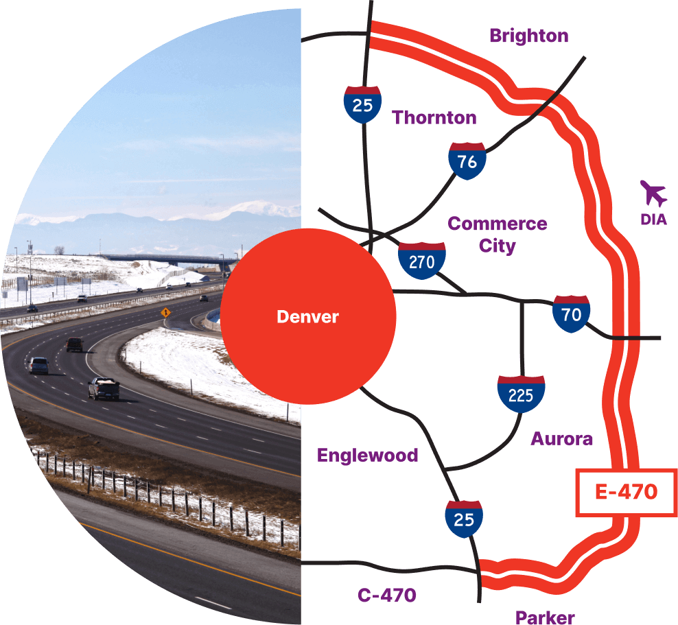 Map graphic showing a highway photo on the left and a map of Denver surrounded by major cities and highways, including E470 from Parker to Brighton, on the right.
